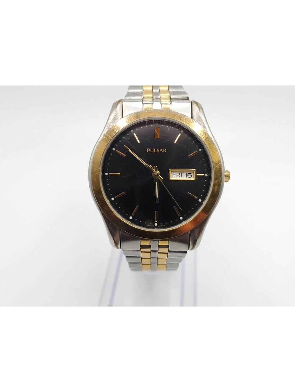 Vintage Pulsar Quartz Mens Watch New Battery Two-Tone Black Day/Date Dial 37mm